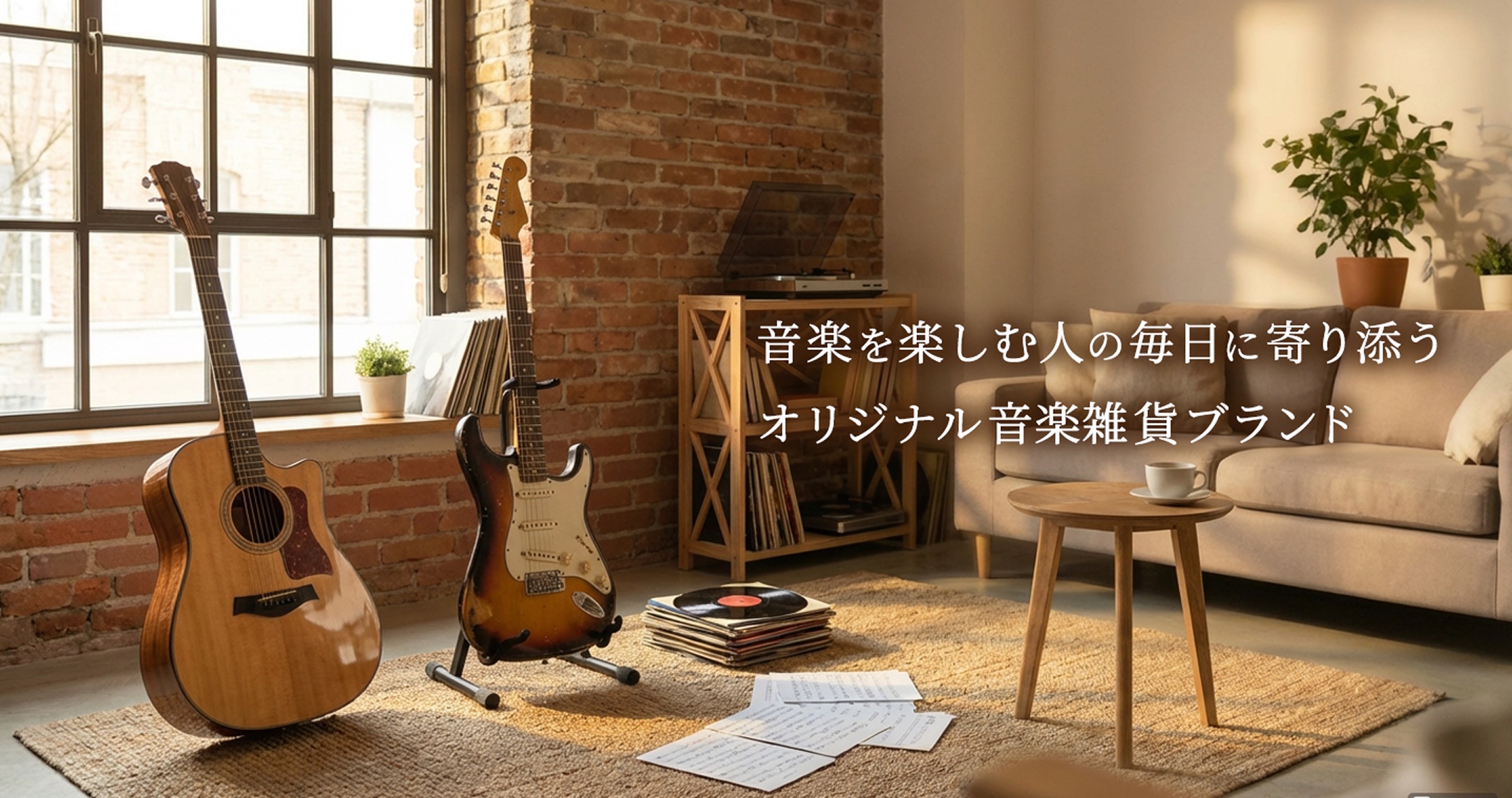 音楽を楽しむ人の毎日に寄り添うオリジナル音楽雑貨ブランド。レンガの壁と大きな窓のあるロフト風の部屋に、アコースティックギターとエレキギター、レコードプレイヤーが置かれている。